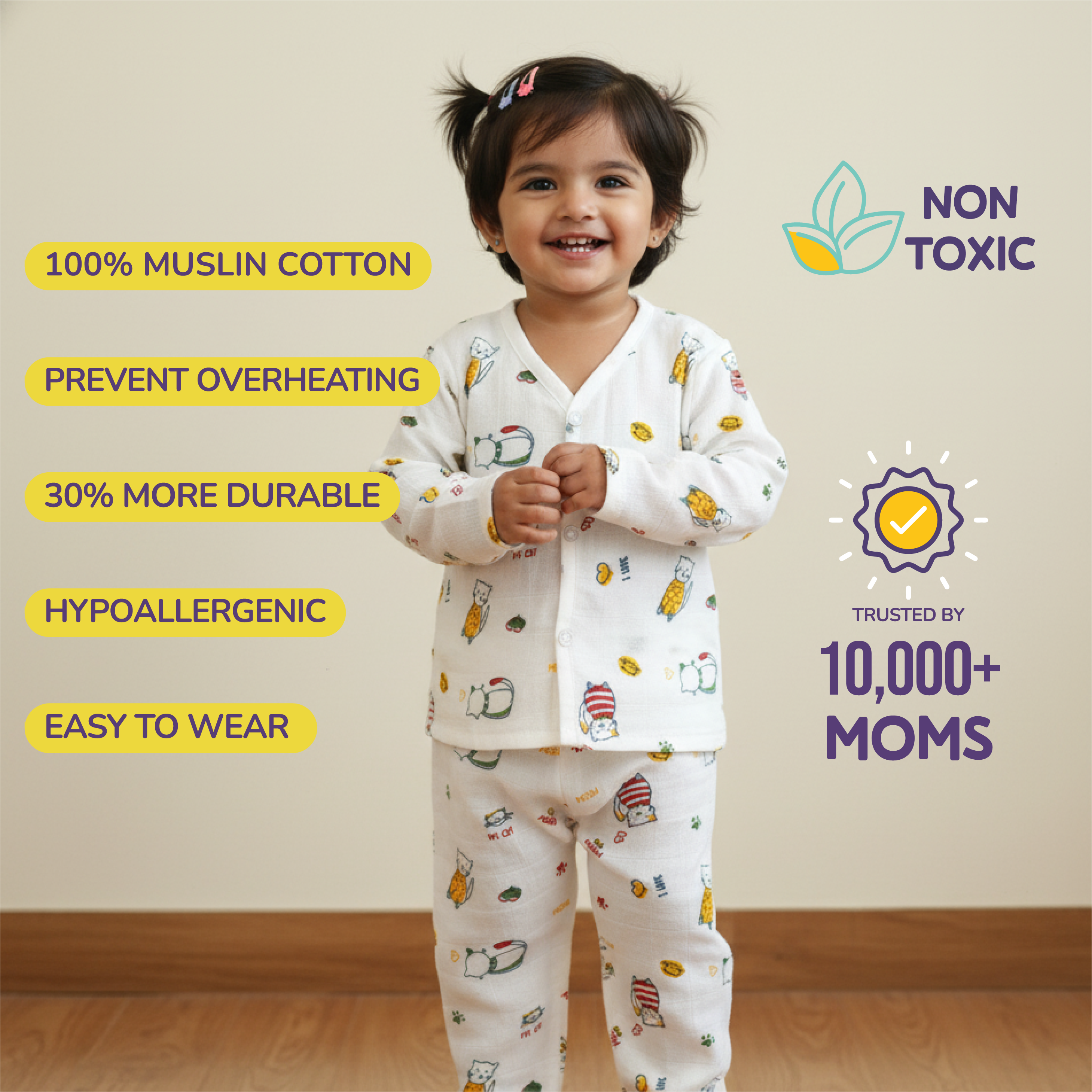 Full sleeve Jabla Pyjama Set 100%Cotton Muslin -Cat