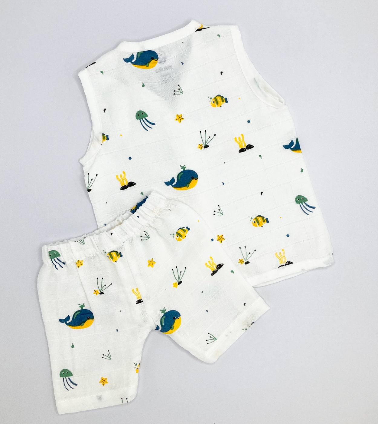 Sleeveless Jabla Co Ord Set / Jabla Shorts 100% Muslin Cotton -Blue Whale