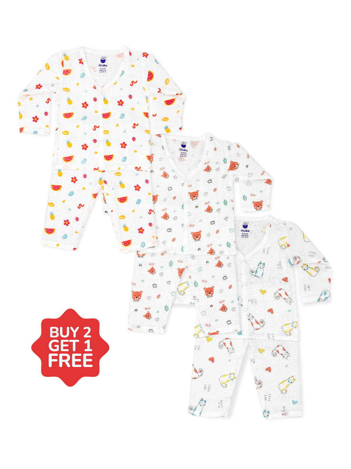 Buy 2 Get 1 Free - Baby Night Suit / Muslin Jabla-Pyjama Set Combo