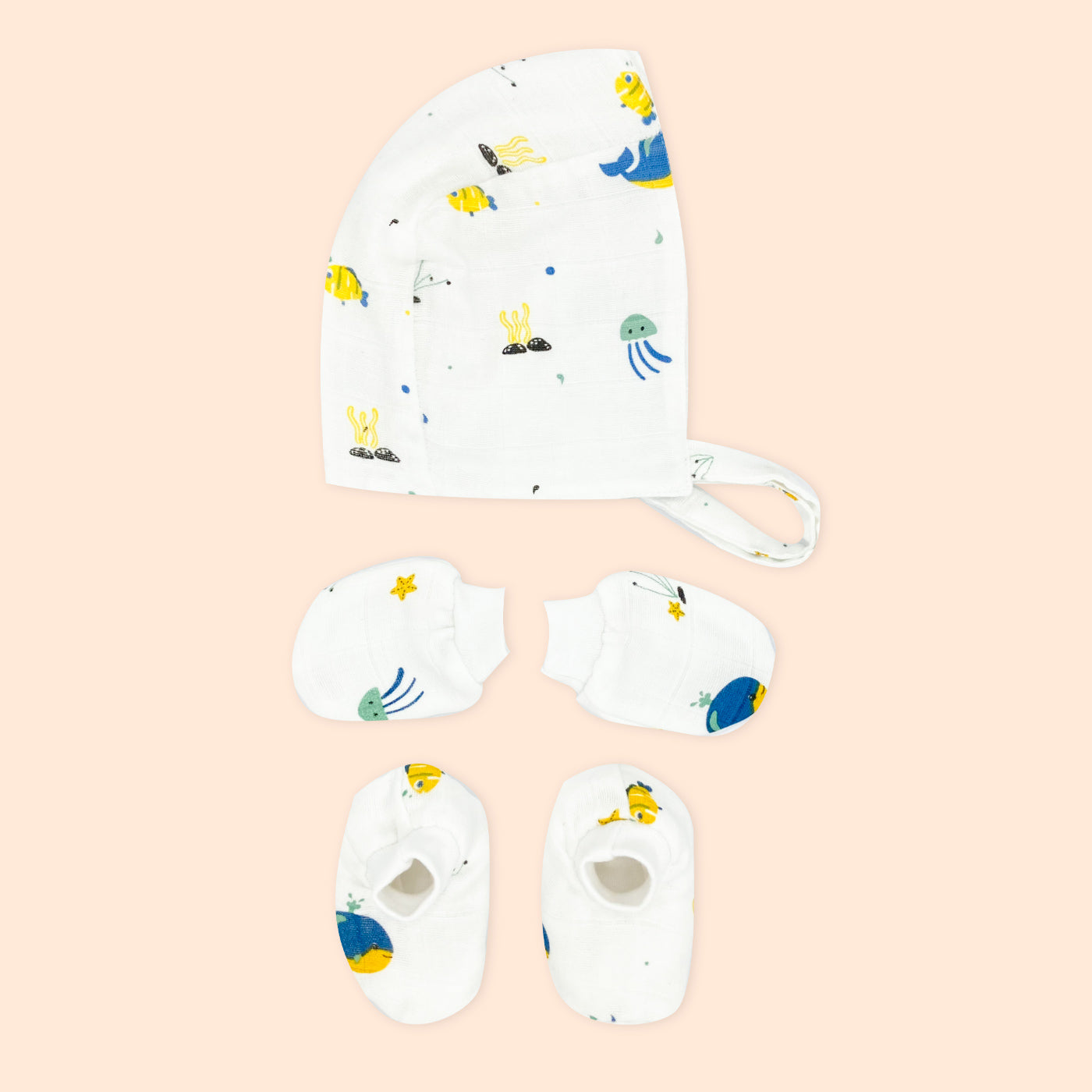 Newborn Muslin Baby Cap Mitten Socks Booties- Blue Whale