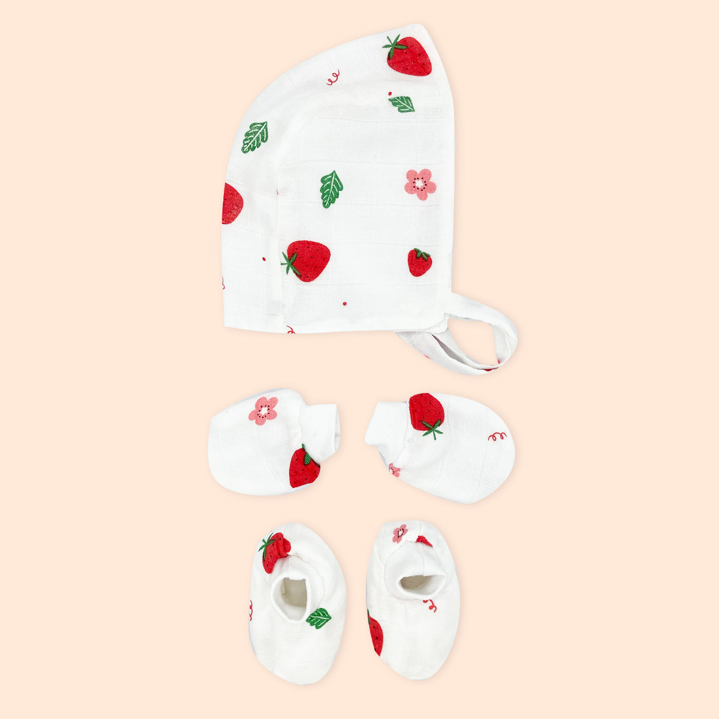 Newborn Muslin Baby Cap Mitten Socks Set- Strawberry