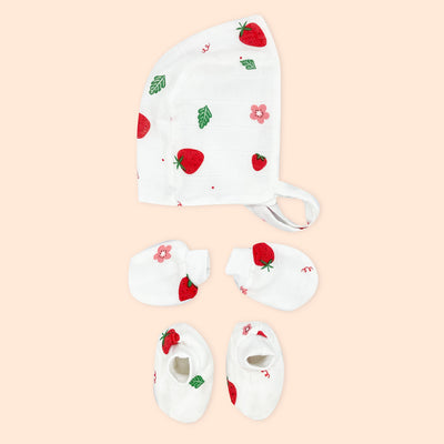 Newborn Muslin Baby Cap Mitten Socks Set - Strawberry