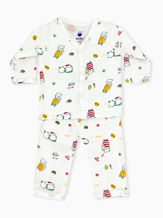 Children's pajama set with cartoon character pattern on a white background