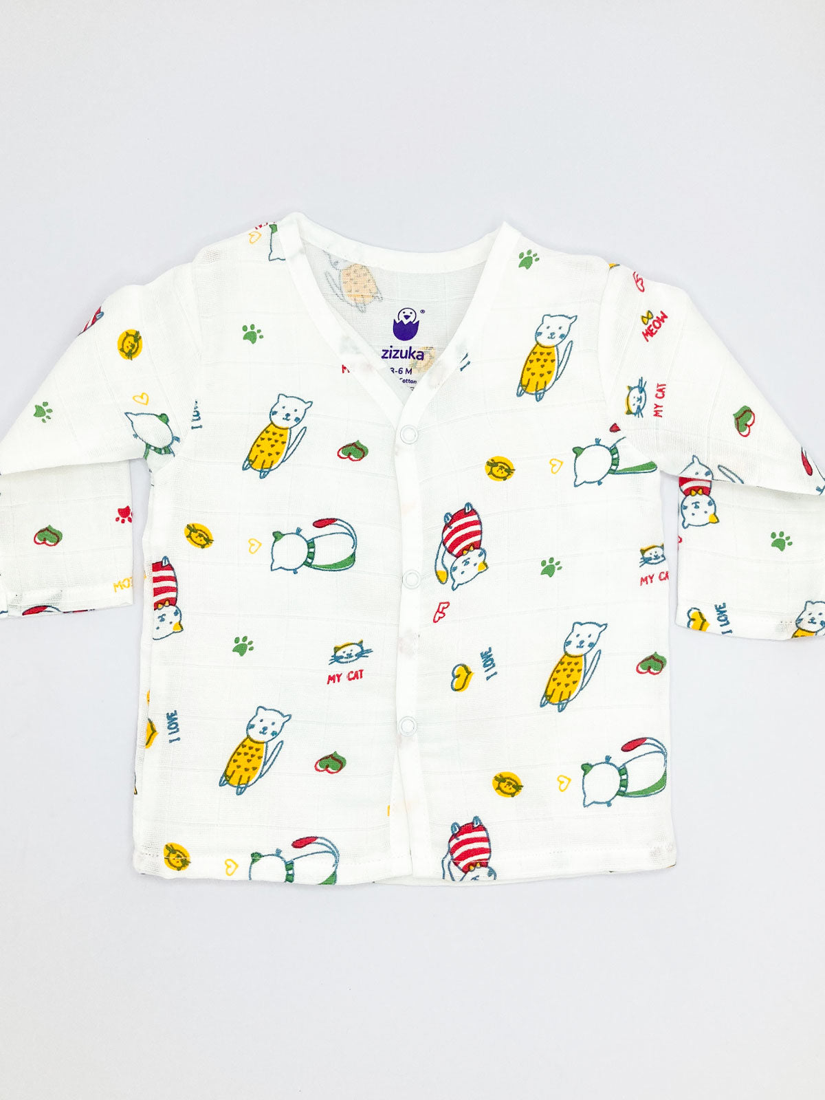 Kids and Baby Boys, Girls Unisex outfit with colorful cat pattern on a white background