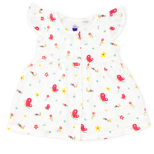 Muslin Frock for Baby Girl -Cap Sleeve 100% Cotton -Red Butterfly