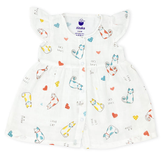 Muslin Frock for Baby Girl -Cap Sleeve 100% Cotton -Cat