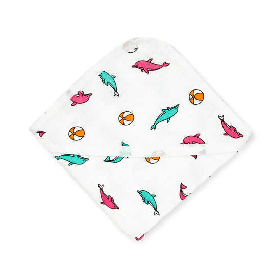 Muslin Hooded Towel for Baby-6 Layer 100% Cotton -Dolphin