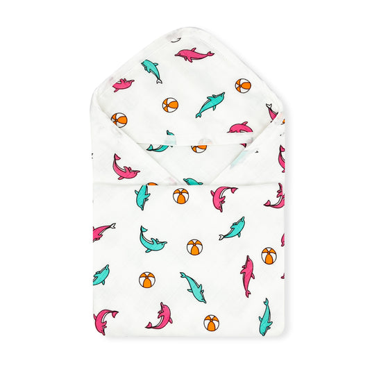 Muslin Hooded Towel for Baby-6 Layer 100% Cotton -Dolphin