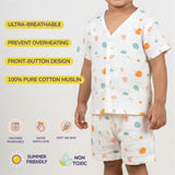Child wearing a patterned outfit with text highlighting features on a white background  -Kids Cotton Cord Set