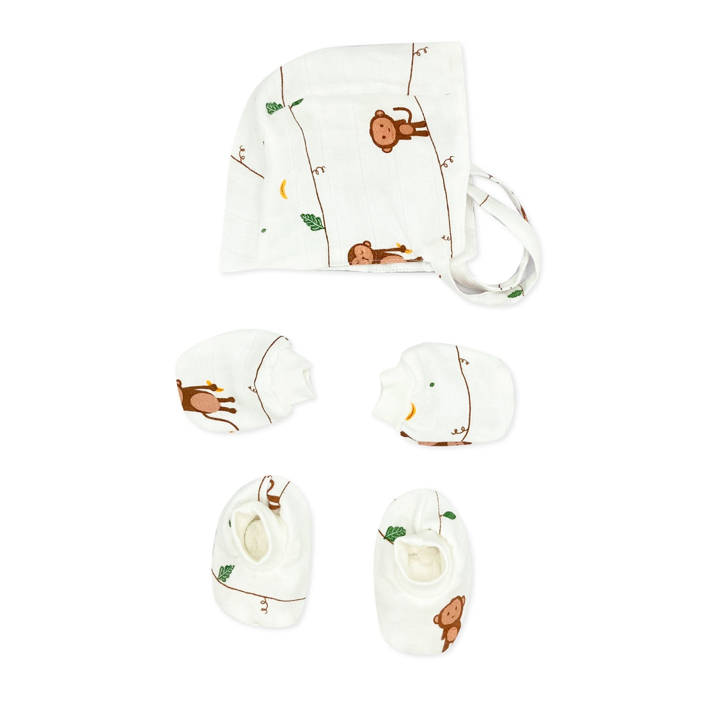Newborn Baby Muslin Cap Mitten and Socks Set -Monkey