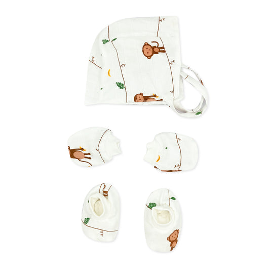 Newborn Baby Muslin Cap Mitten and Socks Set -Monkey