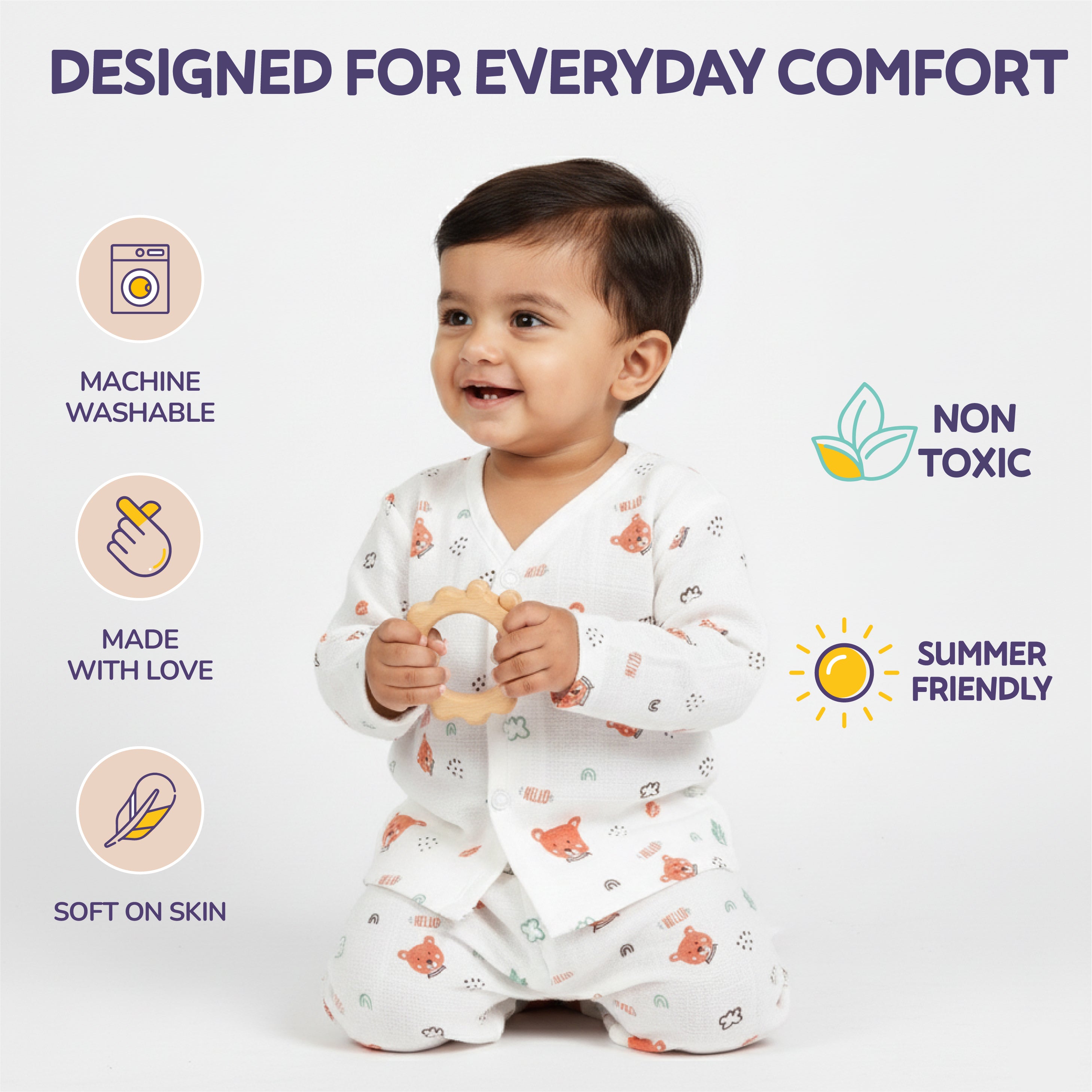 Full sleeve Jabla Pyjama Set 100%Cotton Muslin -Hello Teddy