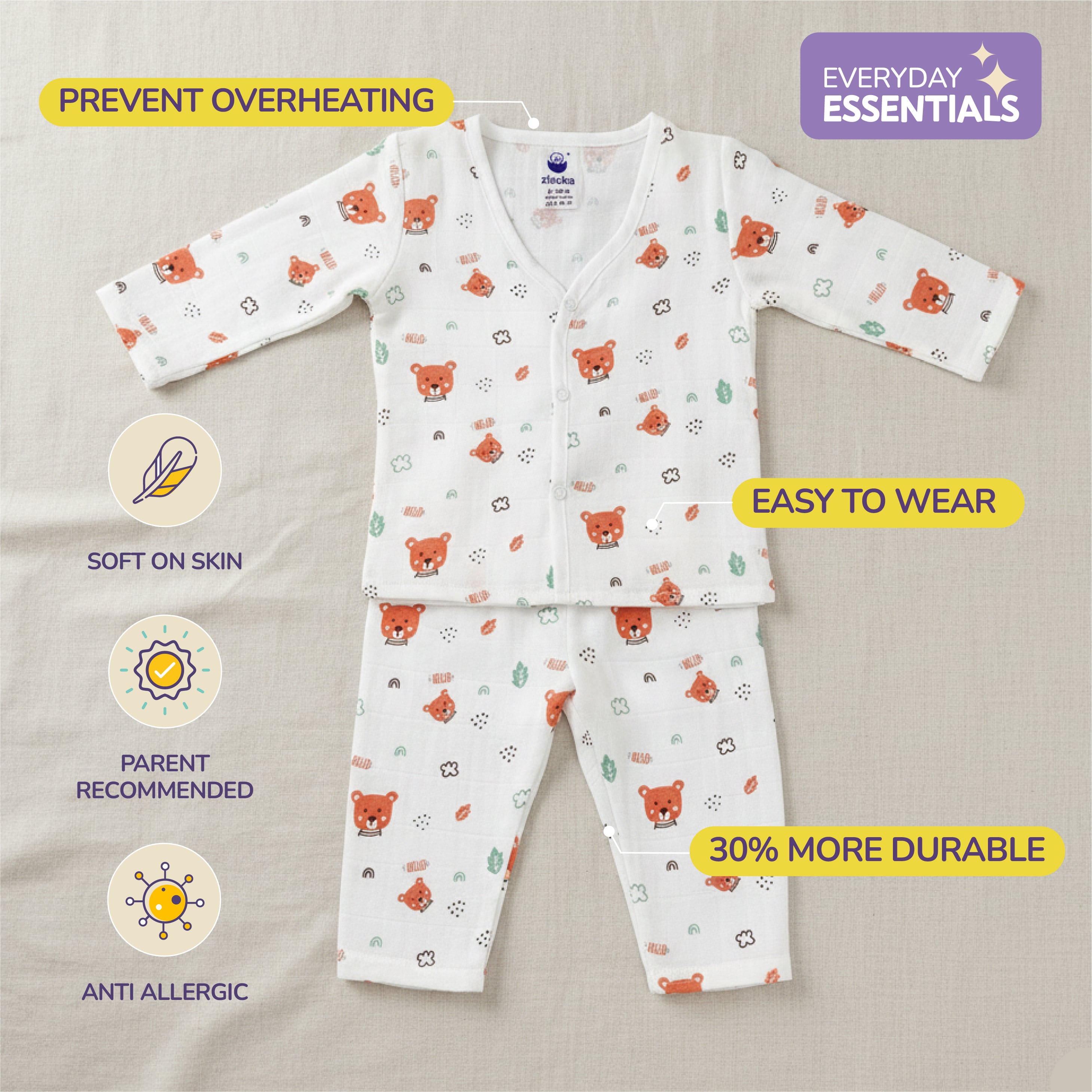 Full sleeve Jabla Pyjama Set 100%Cotton Muslin -Hello Teddy