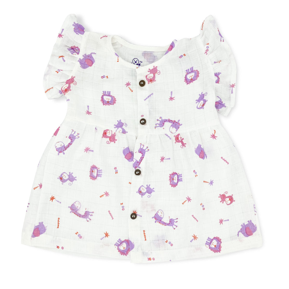 Muslin Frock for Baby Girl - Butterfly Sleeve Organic Cotton -Purple Animals