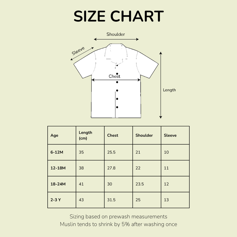 Size chart for Muslin Half Sleeve Kurta Shirt - 100% Cotton Animal Print - Tiger