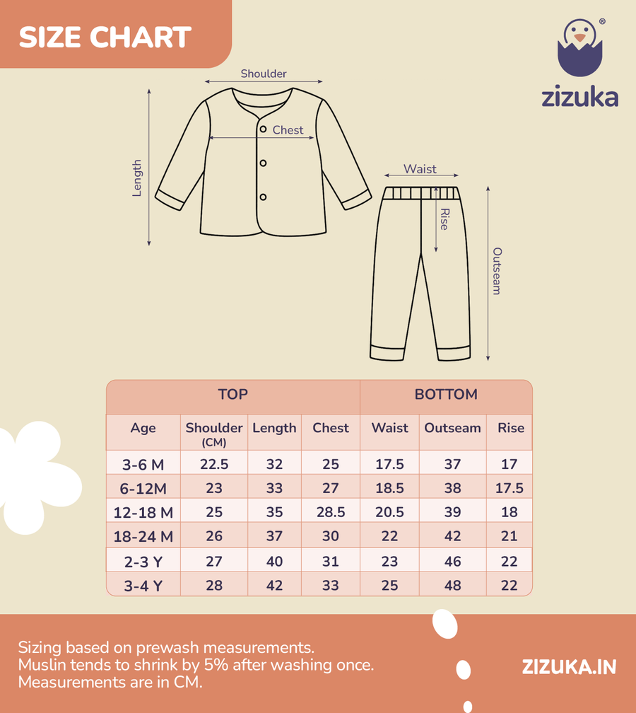 Size chart for Muslin Night Dress Combo – Pack of 3