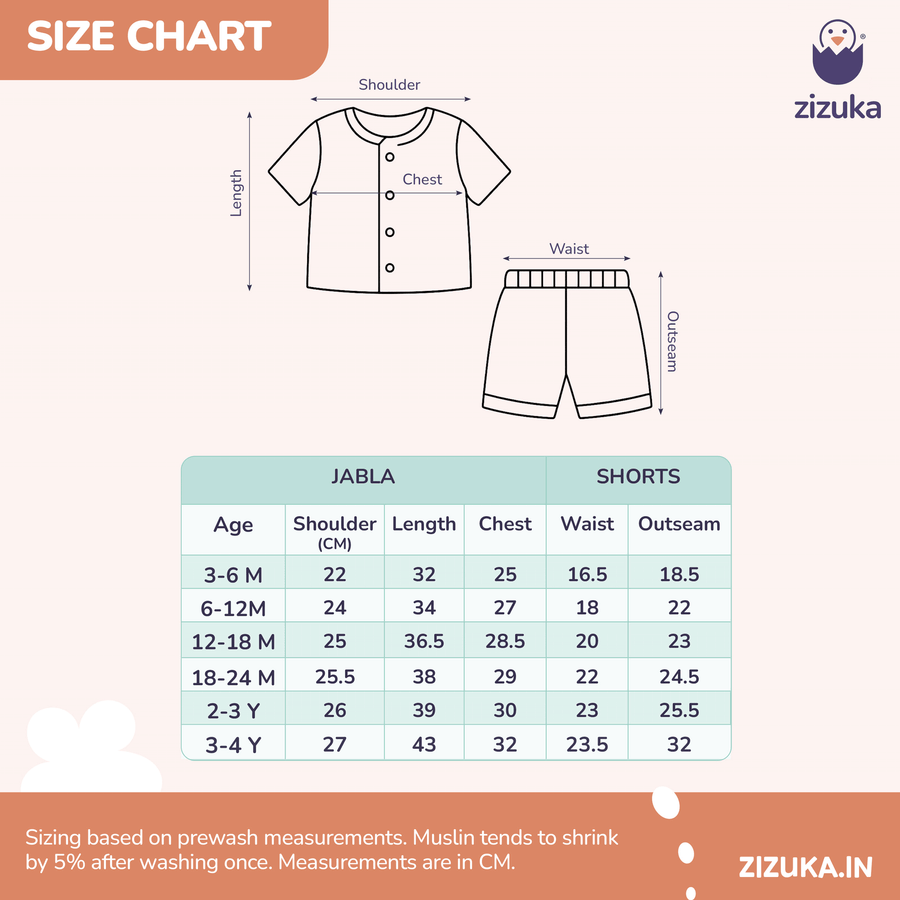 Size chart for Half Sleeve Muslin Co-ord Set – Blue Whale