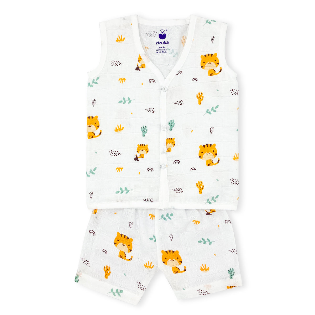 Sleeveless Jabla Co Ord Set / Jabla Shorts - 100% Muslin Cotton -Tiger