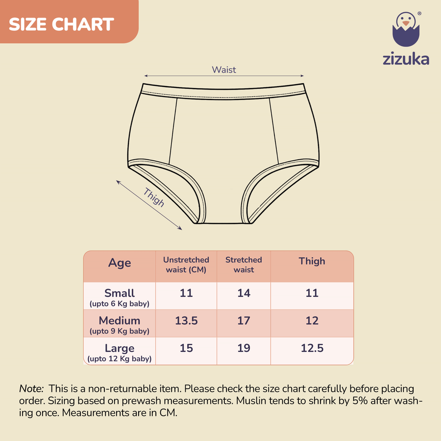 Size chart for Muslin Reusable Baby Padded Underwear - Snail