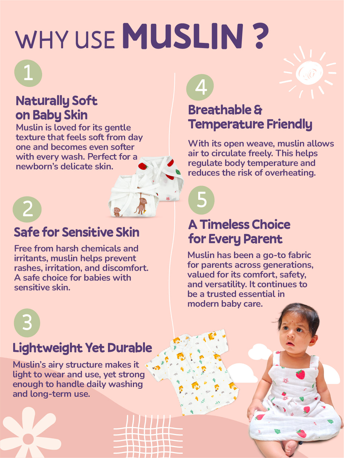 Infographic explaining why use muslin fabric for babies on a pink background with a baby and muslin products.