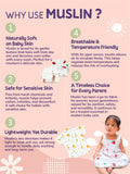 Infographic explaining why use muslin fabric for babies on a pink background with a baby and muslin products.
