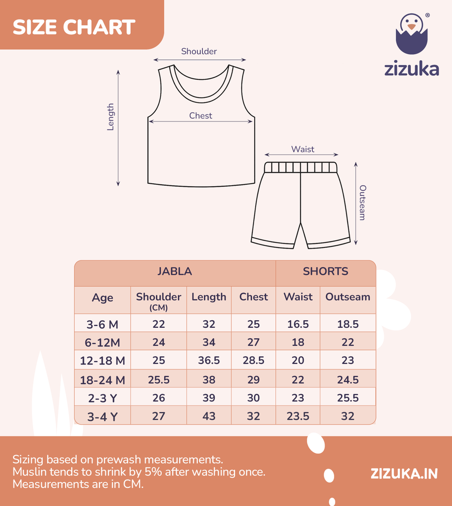 Size chart for Sleeveless Muslin Co-ord Set – Snail