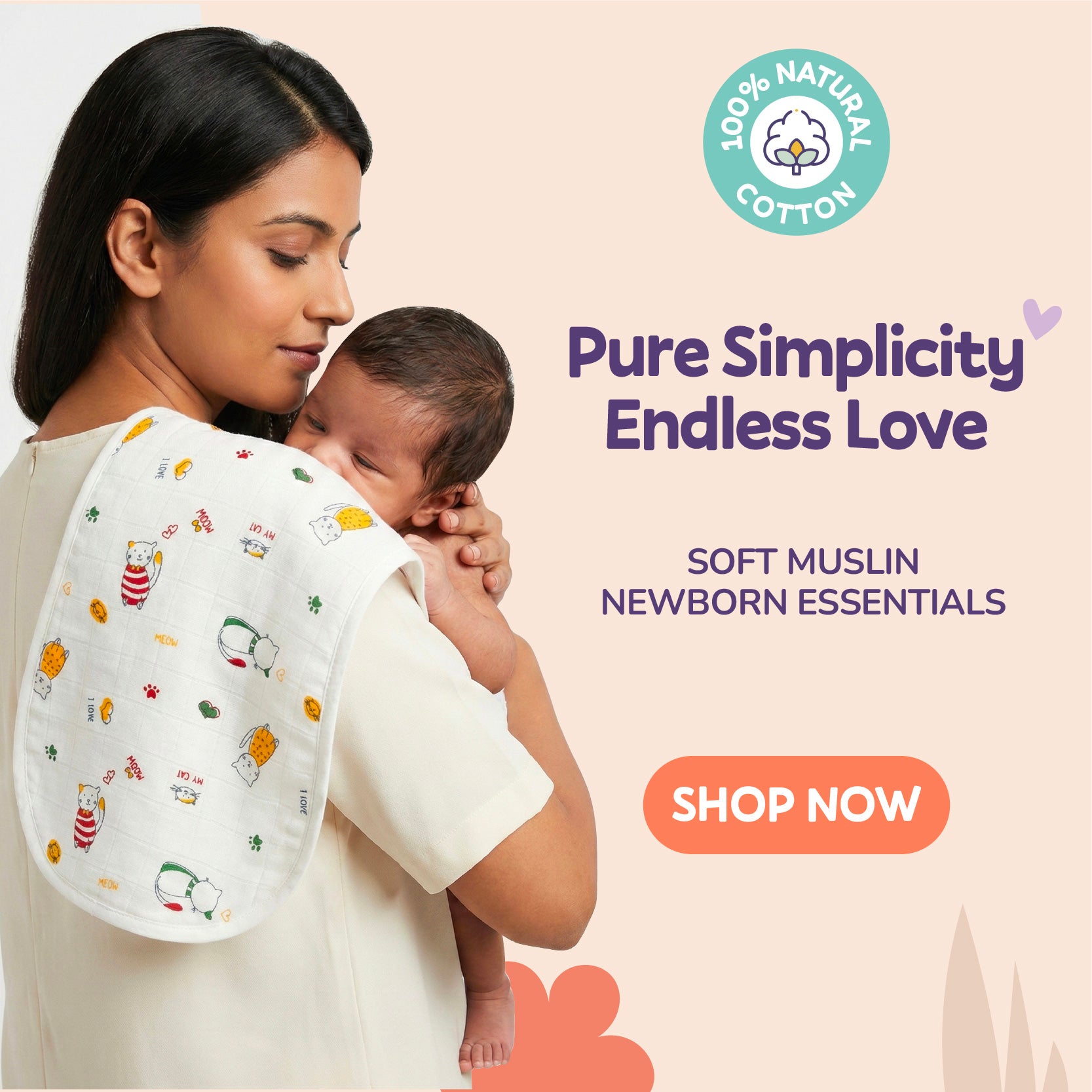 Woman holding a baby with a soft muslin wrap, featuring text about natural cotton and a 'Shop Now' button.