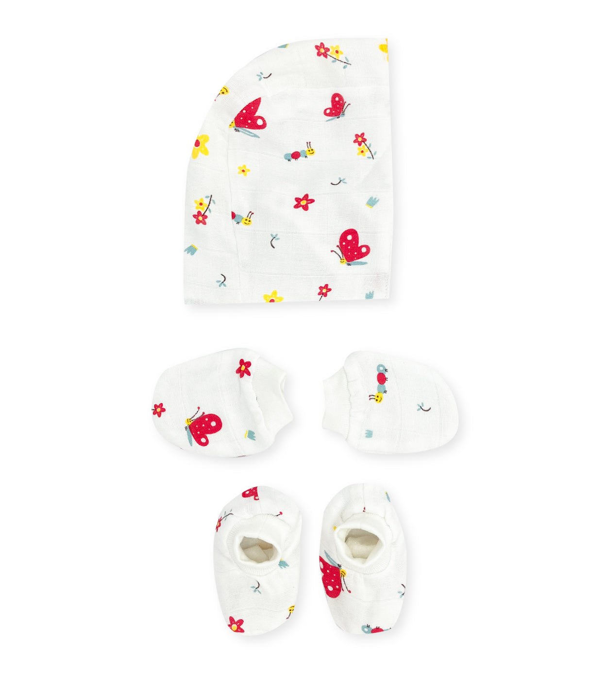 Double Layer Newborn Muslin Baby Cap Mitten Booties Set- Butterfly