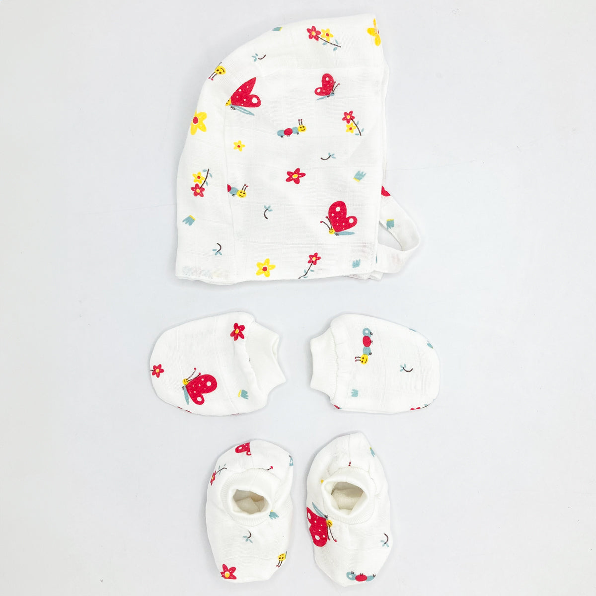 Double Layer Newborn Muslin Baby Cap Mitten Booties Set- Butterfly