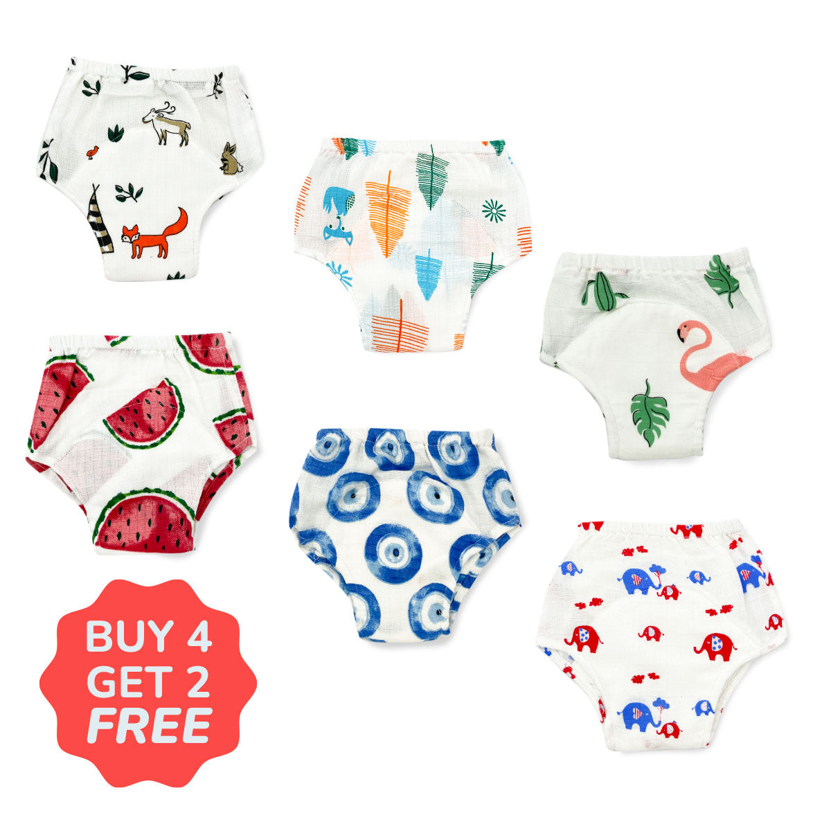 Buy 4 Get 2 Free -Organic Muslin Reusable Baby Diaper, Padded Underwear