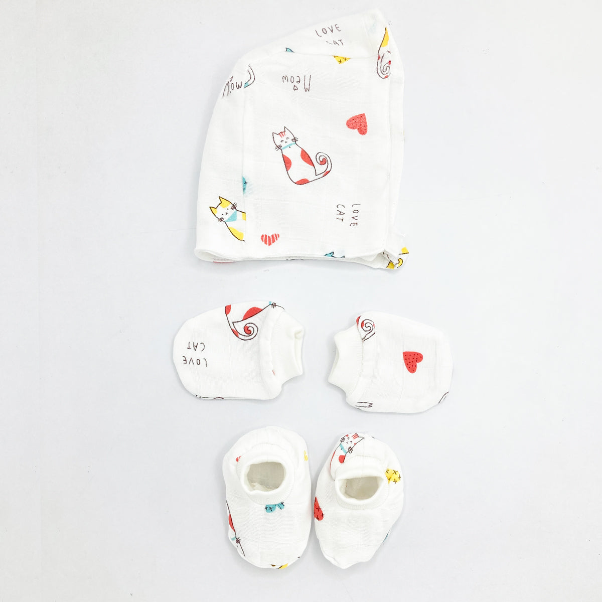 Double Layer Newborn Muslin Baby Cap Mitten Booties Set- Cat