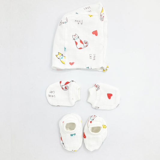 Double Layer Newborn Muslin Baby Cap Mitten Booties Set- Cat