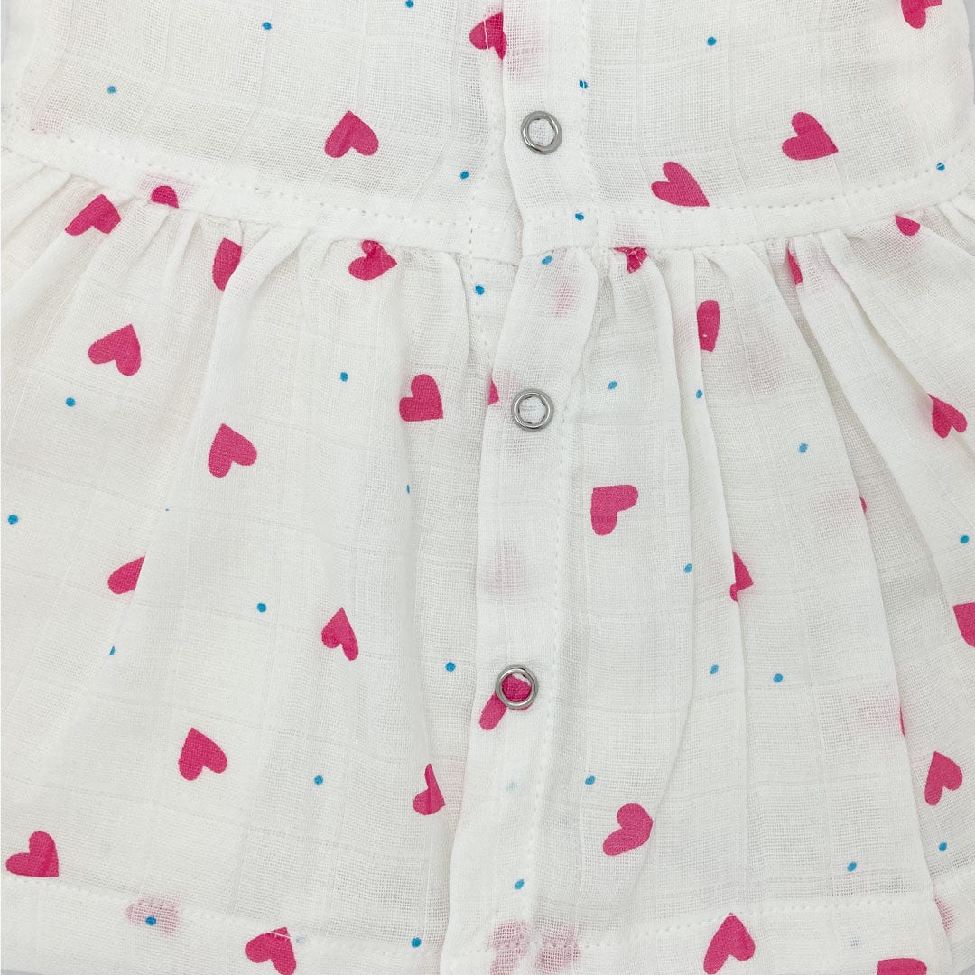 Muslin Frock for Baby Girl - Butterfly Sleeves  100% Organic Pink Hearts