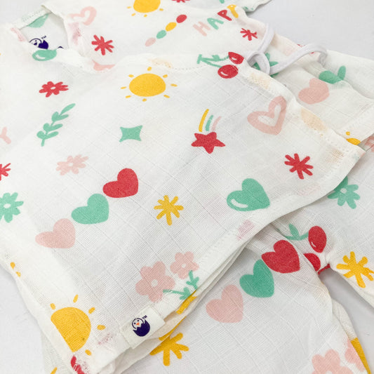 Full Sleeve Kimono Baby Night Suit Set -100% Organic Muslin -Happy