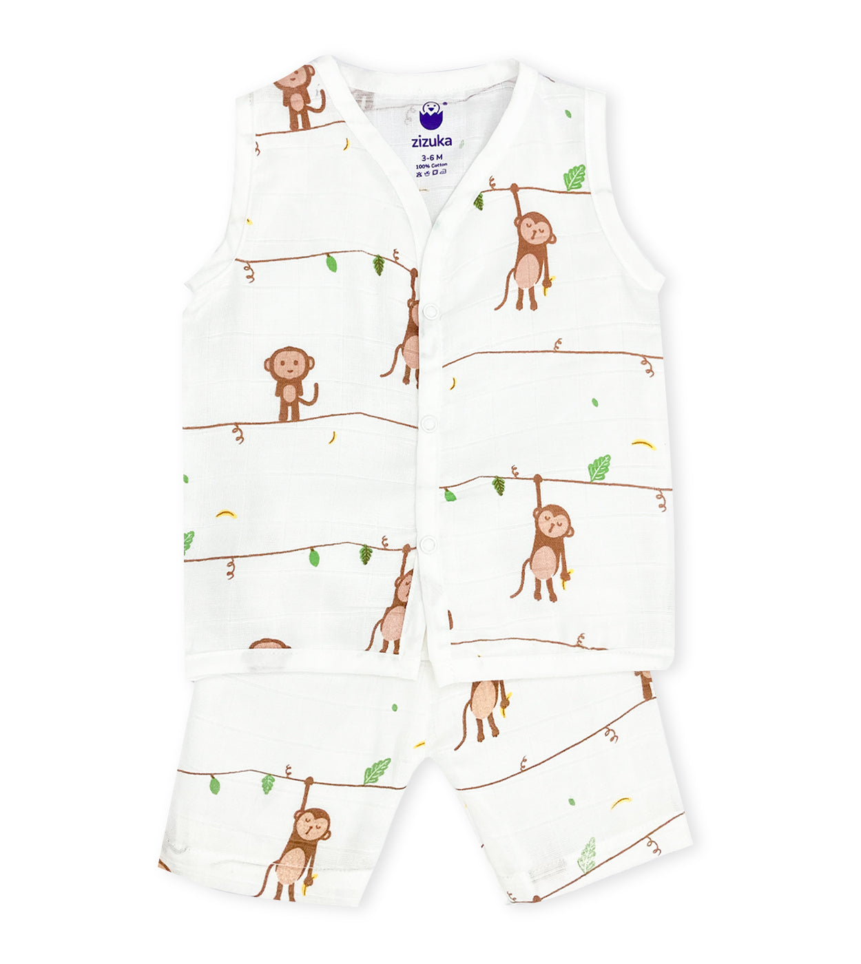 Sleeveless Jabla Co Ord Set / Jabla Shorts - 100% Muslin Cotton -Monkey
