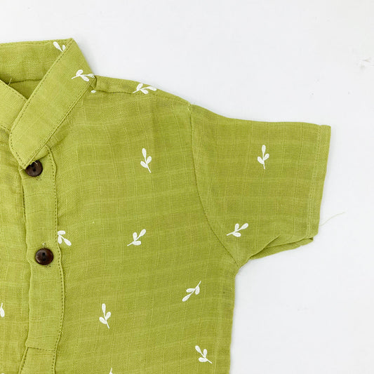 Half Sleeve Kurta Shirt -Organic Muslin Cotton -Olive Green