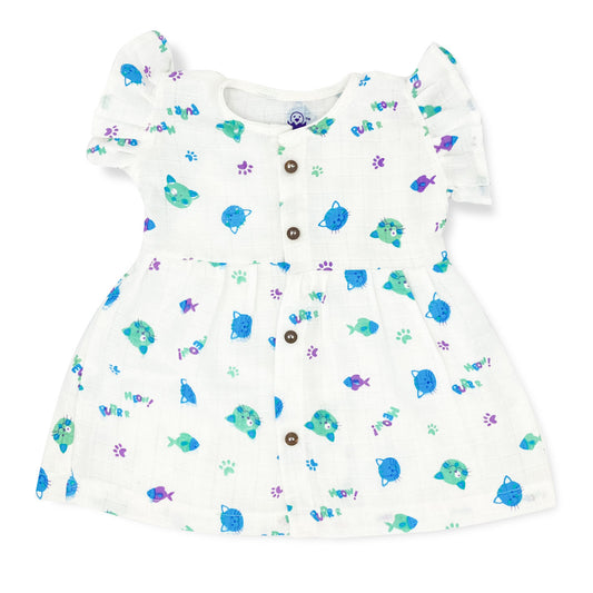 Muslin Frock for Baby Girl -Butterfly Sleeve 100% Organic Cotton Meow