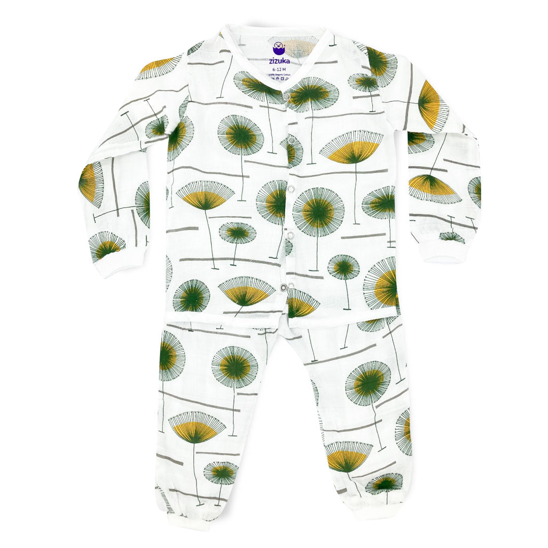 Night Suit, Jabla & Pants/Pyjama Set Organic Muslin Cotton Green Leaf