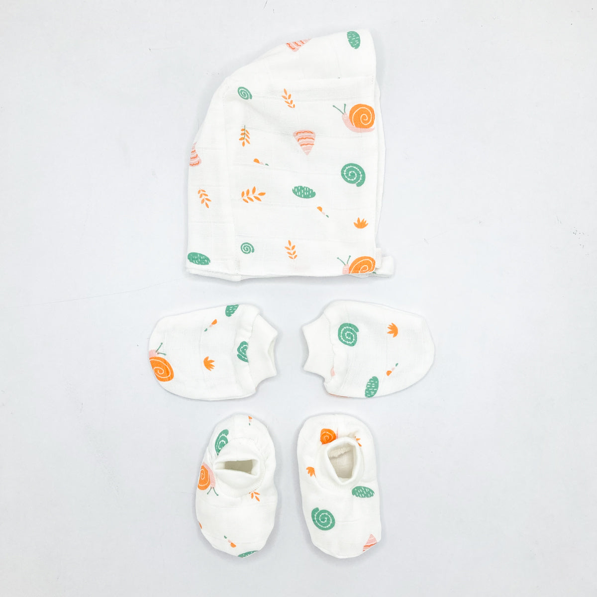 Double Layer Newborn Muslin Baby Cap Mitten Booties Set- Snail