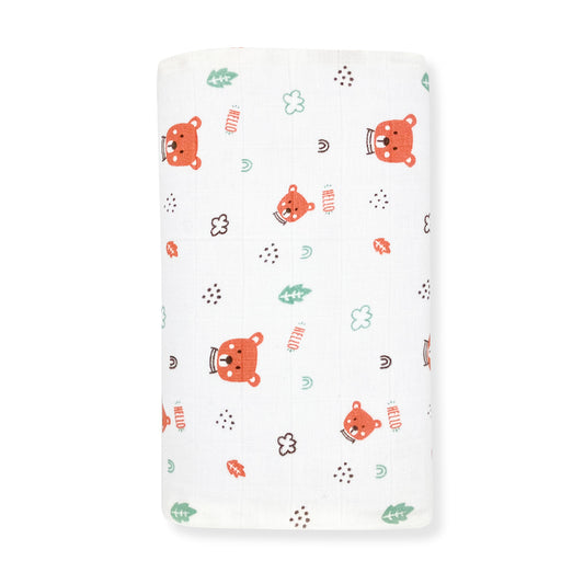 100% Soft Cotton Muslin Swaddle / Towel - Hello Teddy