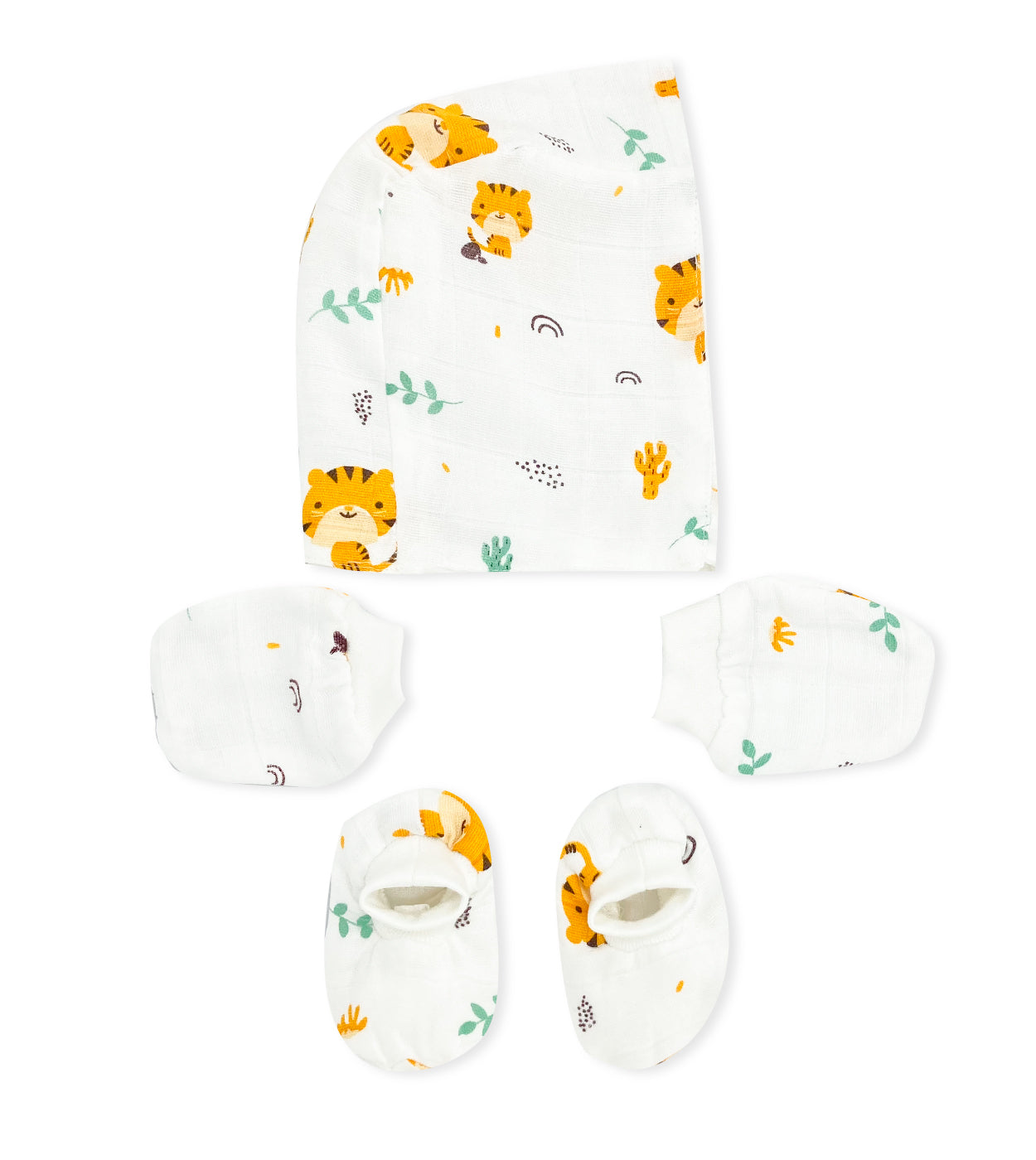 Double Layer Newborn Muslin Baby Cap Mitten Socks Set- Tiger