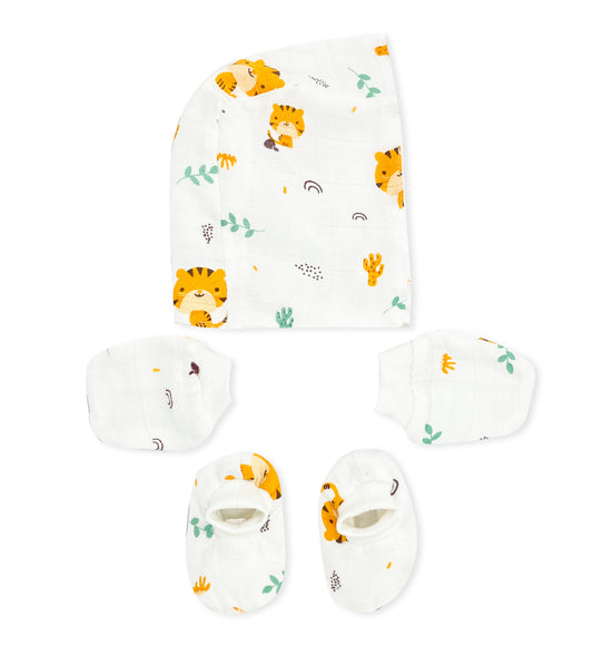 Double Layer Newborn Muslin Baby Cap Mitten Socks Set- Tiger