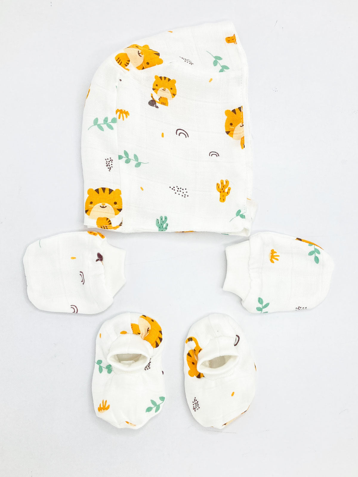 Double Layer Newborn Muslin Baby Cap Mitten Socks Set- Tiger