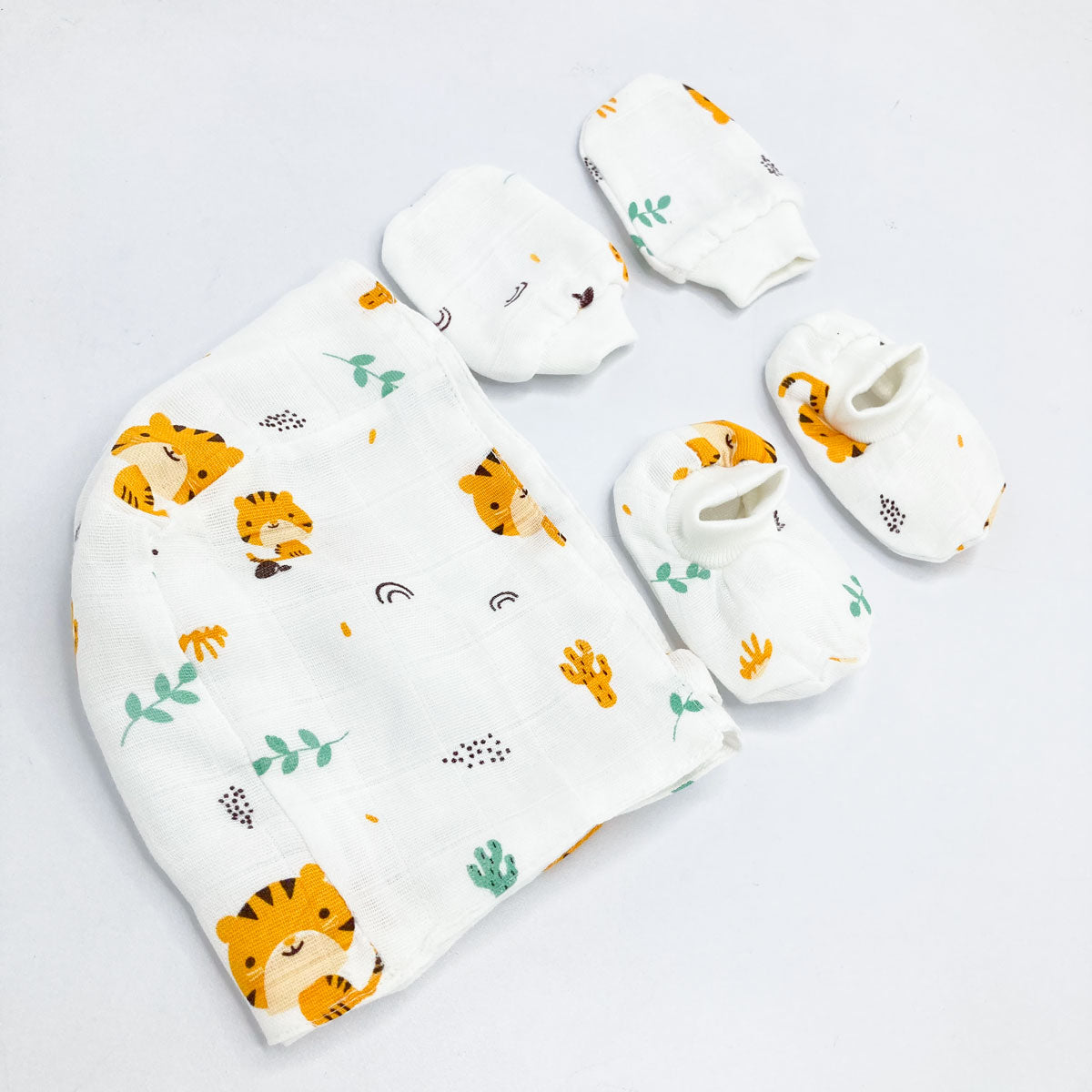 Double Layer Newborn Muslin Baby Cap Mitten Socks Set- Tiger