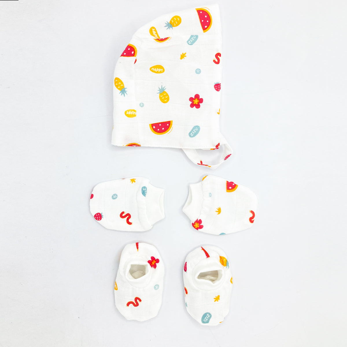 Double Layer Newborn Muslin Baby Cap Mitten Booties Set- Happy Zizu