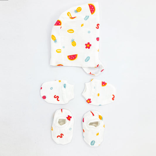 Double Layer Newborn Muslin Baby Cap Mitten Booties Set- Happy Zizu