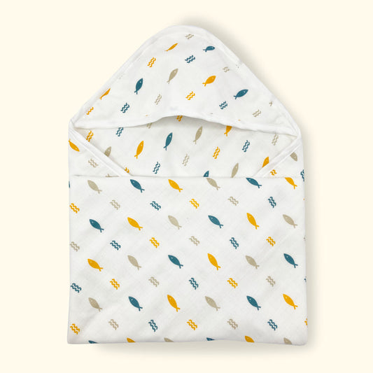 Muslin Hooded Towel for Baby- 6 Layer - 100% Organic Cotton - Fish