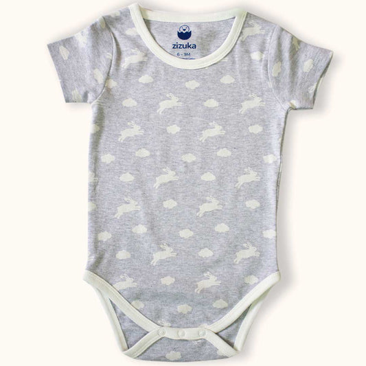 Body Suit / Onesie- Grey, Jumping Rabbit Half Sleeve - Premium Cotton